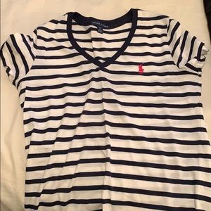 Navy Blue and White Striped Polo V-Neck T Shirt